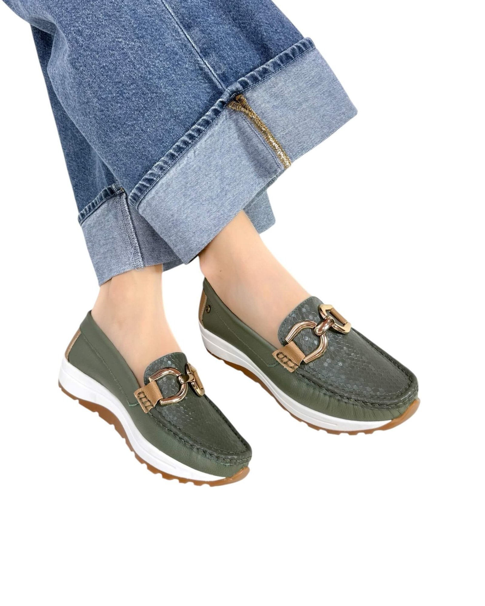 Mocasin Antonella Verde Aceituna x Camel