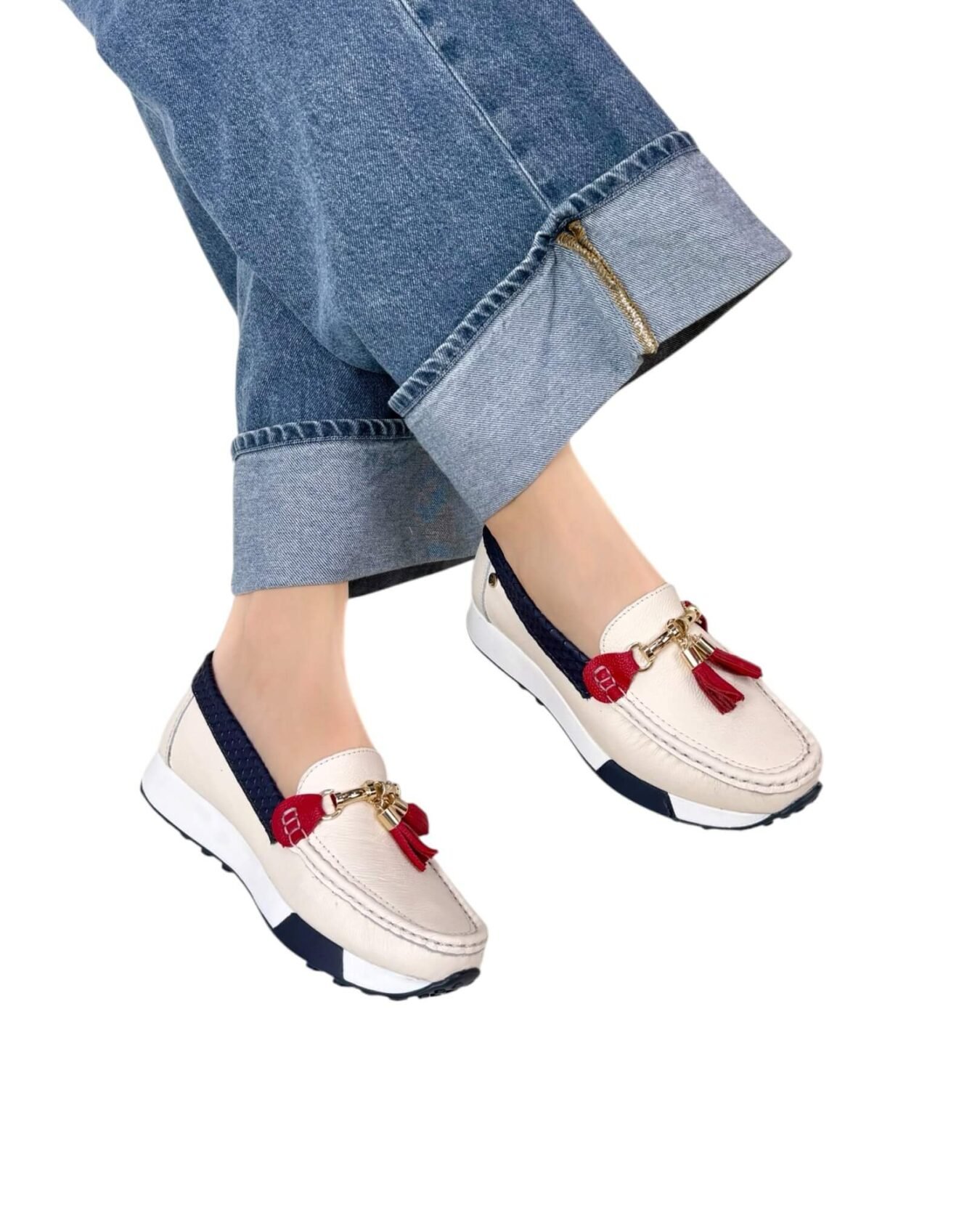 Mocasin Georgina Beige Azul Rojo